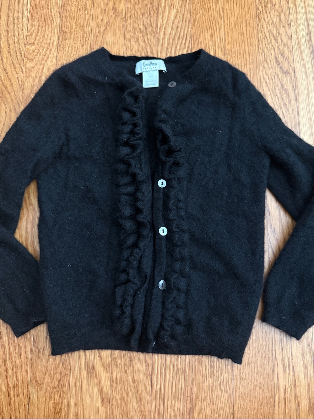 Neiman Marcus black cashmere ruffle knit cardigan sweater 6x